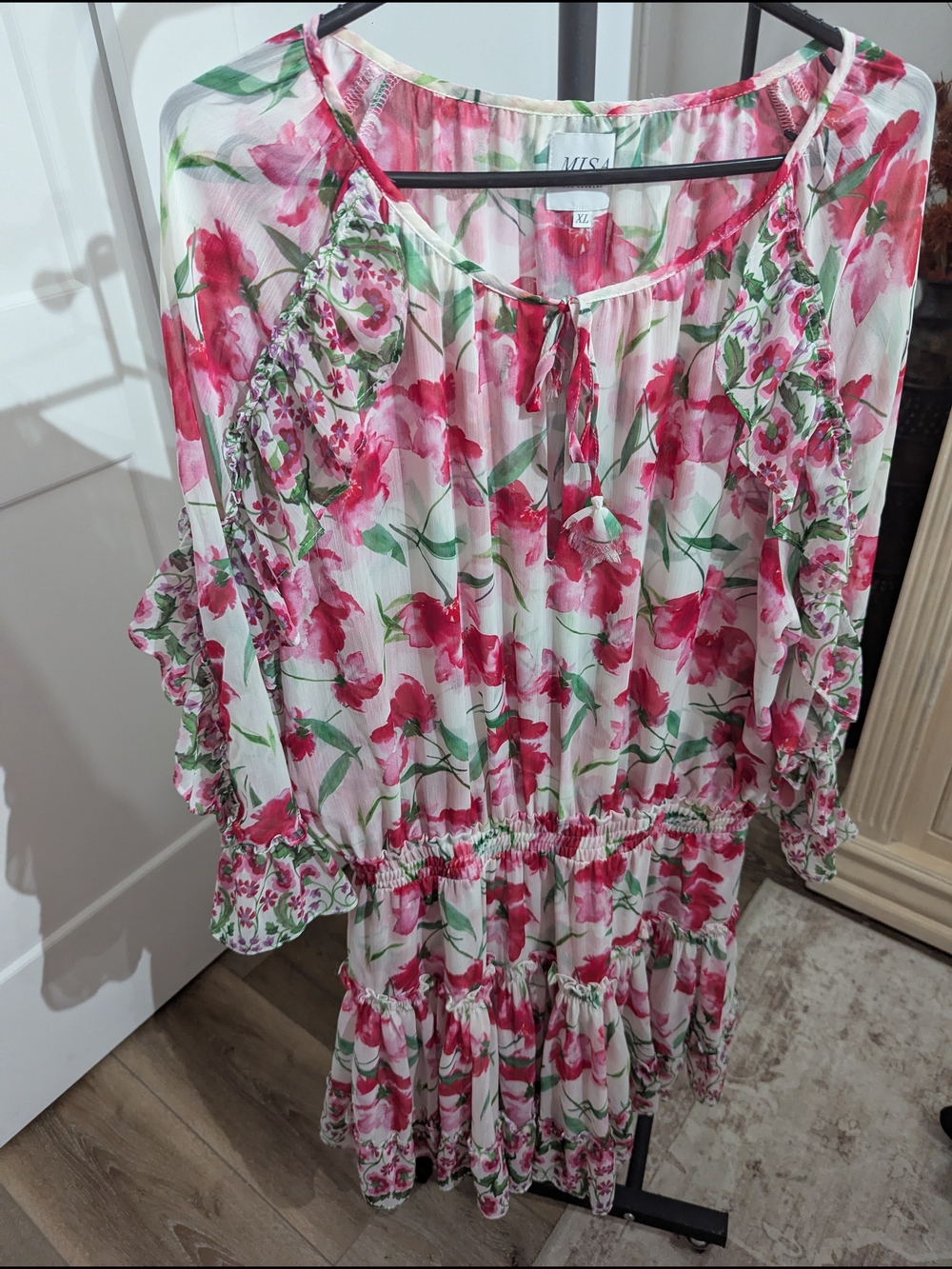 Misa Los Angeles Pink & Green Floral Tie-Neck Peasant Dress
